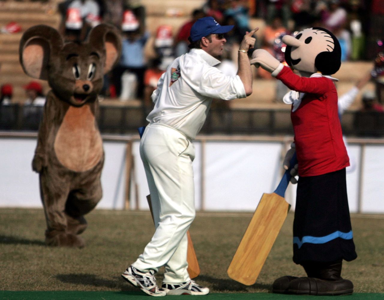 Mark Waugh has an argument with his batting partner Olive Oyl while Jerry the Mouse looks on, Mumbai, December 4, 2005