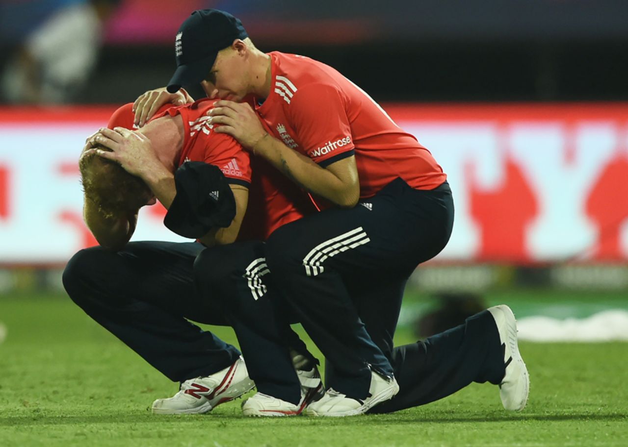 Joe Root tries to console a distraught Ben Stokes, England v West Indies, World T20 final, Kolkata, April 3, 2016