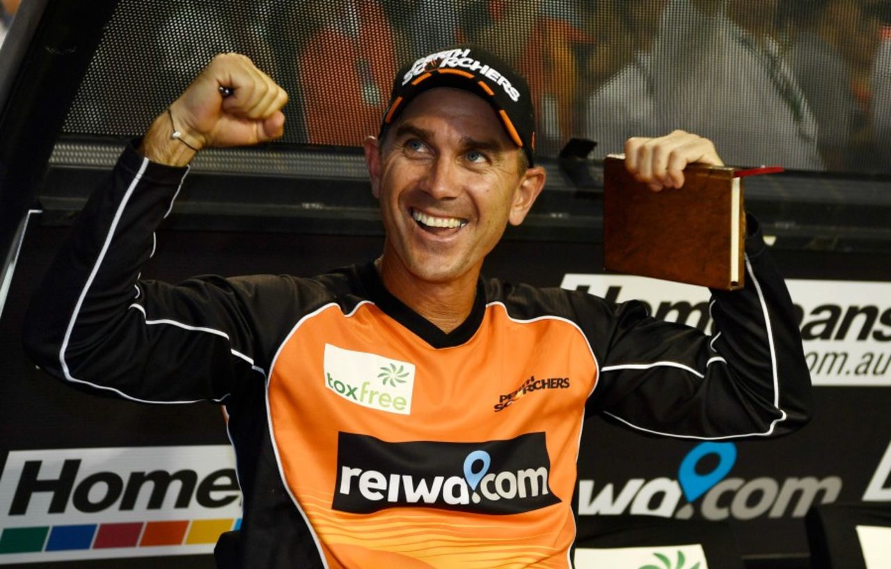 Perth Scorchers coach Justin Langer is all smiles after the franchise's third title, Perth Scorchers v Sydney Sixers, BBL 2016-17, Final, Perth, January 28, 2017