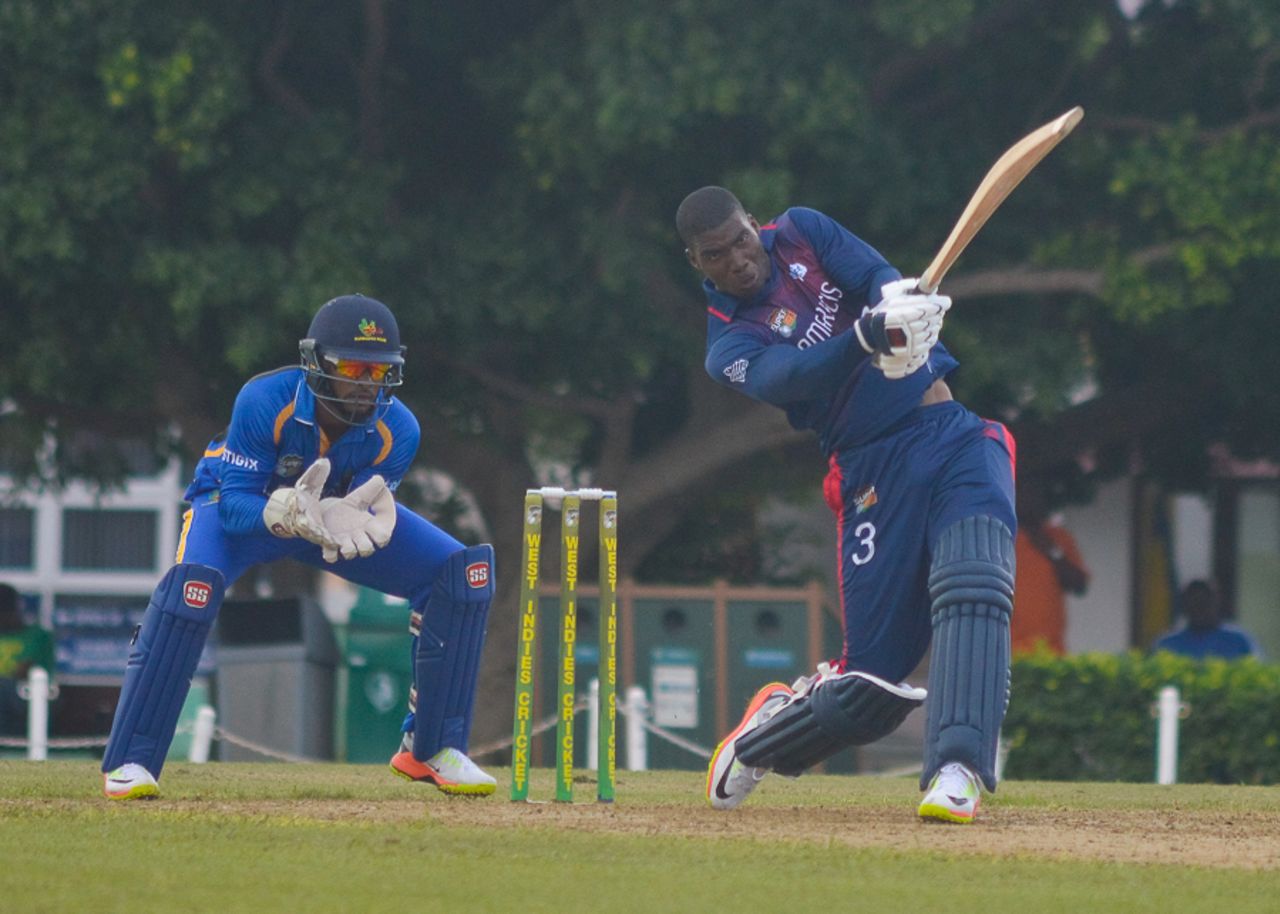Timroy Allen drives down the ground, Barbados v ICC Americas, Regional Super50, Group B, Cave Hill, January 28, 2017