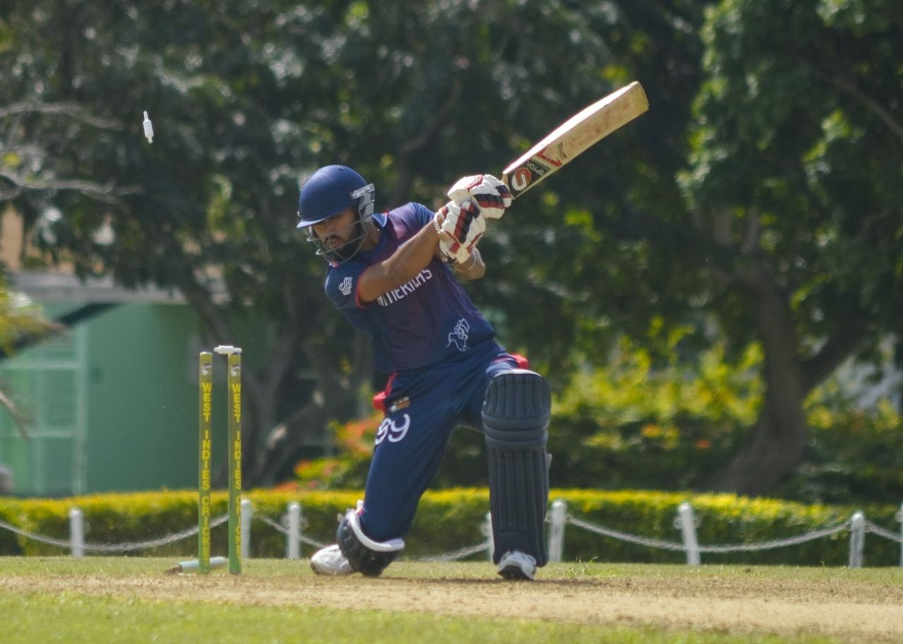 Jasdeep Singh loses one of his stumps, Barbados v ICC Americas, Regional Super50, Group B, Cave Hill, January 28, 2017