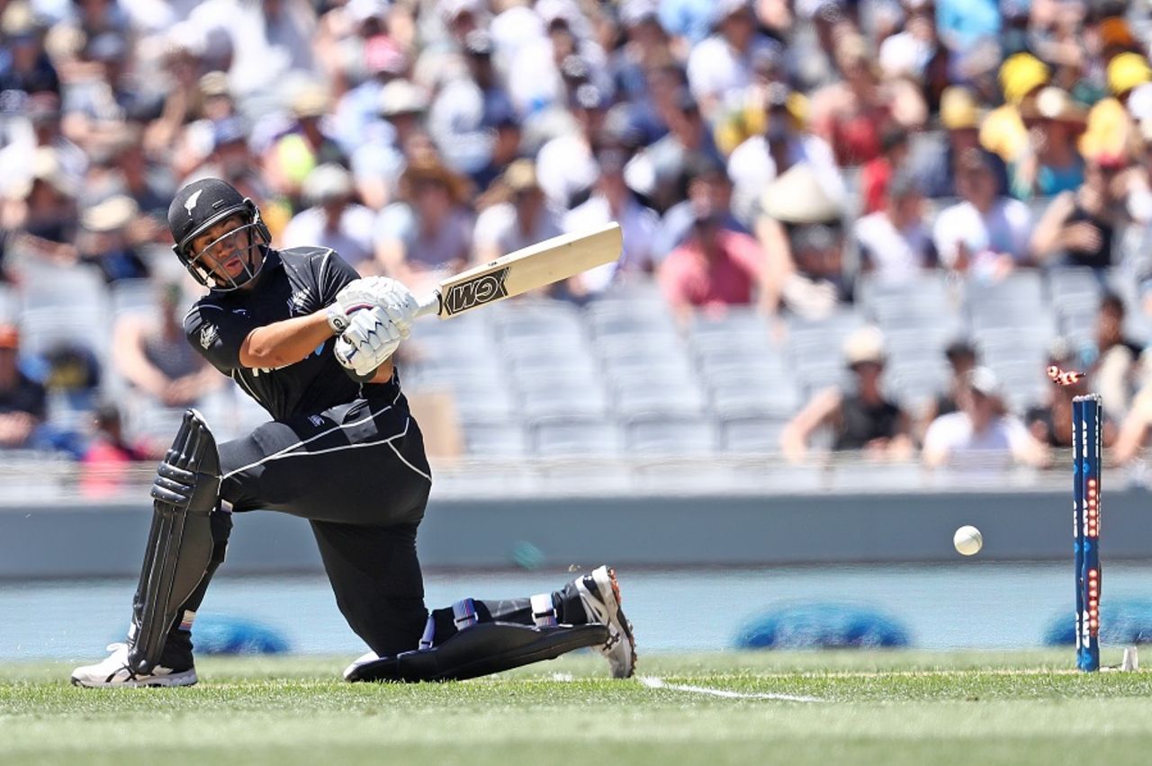 Ross Taylor drags a sweep onto his stumps, New Zealand v Australia, 1st ODI, Auckland, January 30, 2017