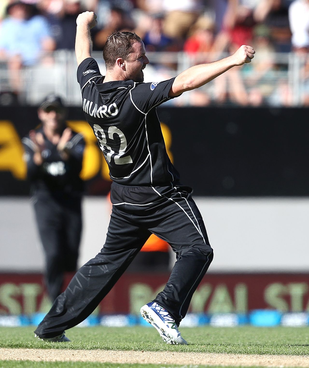 Colin Munro is thrilled after dismissing James Faulkner for his first ODI wicket, New Zealand v Australia, 1st ODI, Auckland, January 30, 2017