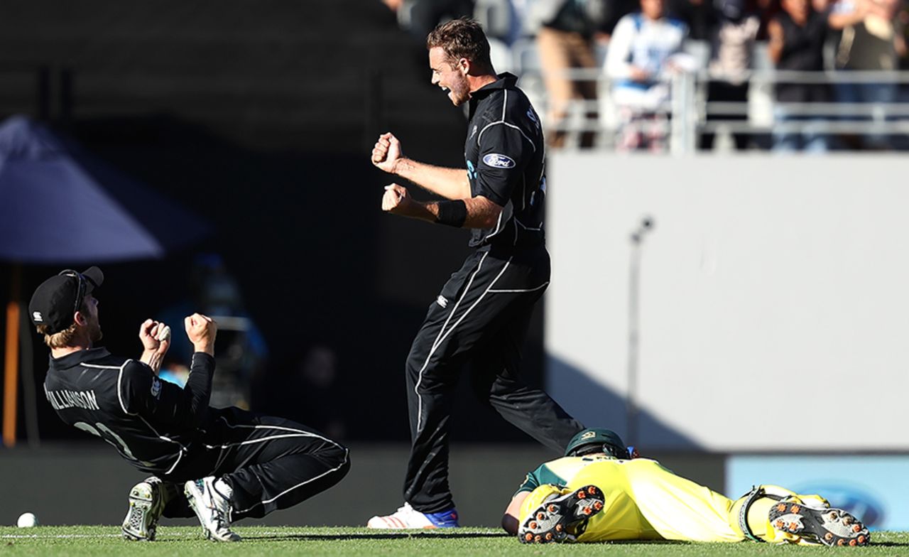Kane Williamson and Tim Southee celebrate after Josh Hazlewood's run-out, New Zealand v Australia, 1st ODI, Auckland, January 30, 2017