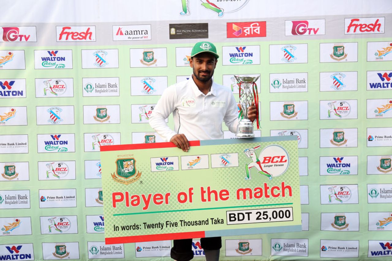 Liton Das with his spoils after being names Player of the Match, Central Zone v East Zone, Bangladesh Cricket League 2016-17, Bogra, 3rd day, January 30, 2017