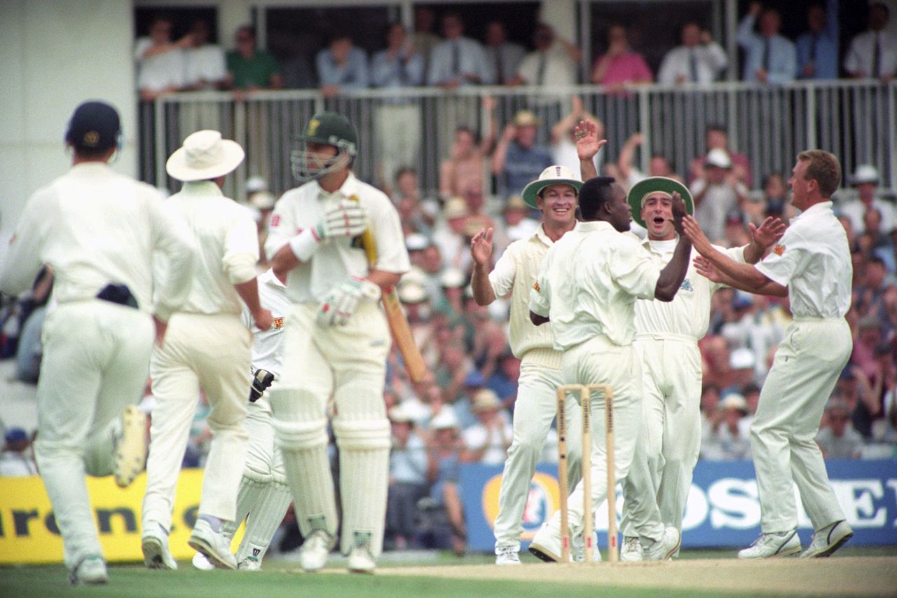 Devon Malcolm celebrates the wicket of Gary Kirsten, England v South Africa, third Test, day three, The Oval, August 20, 1994