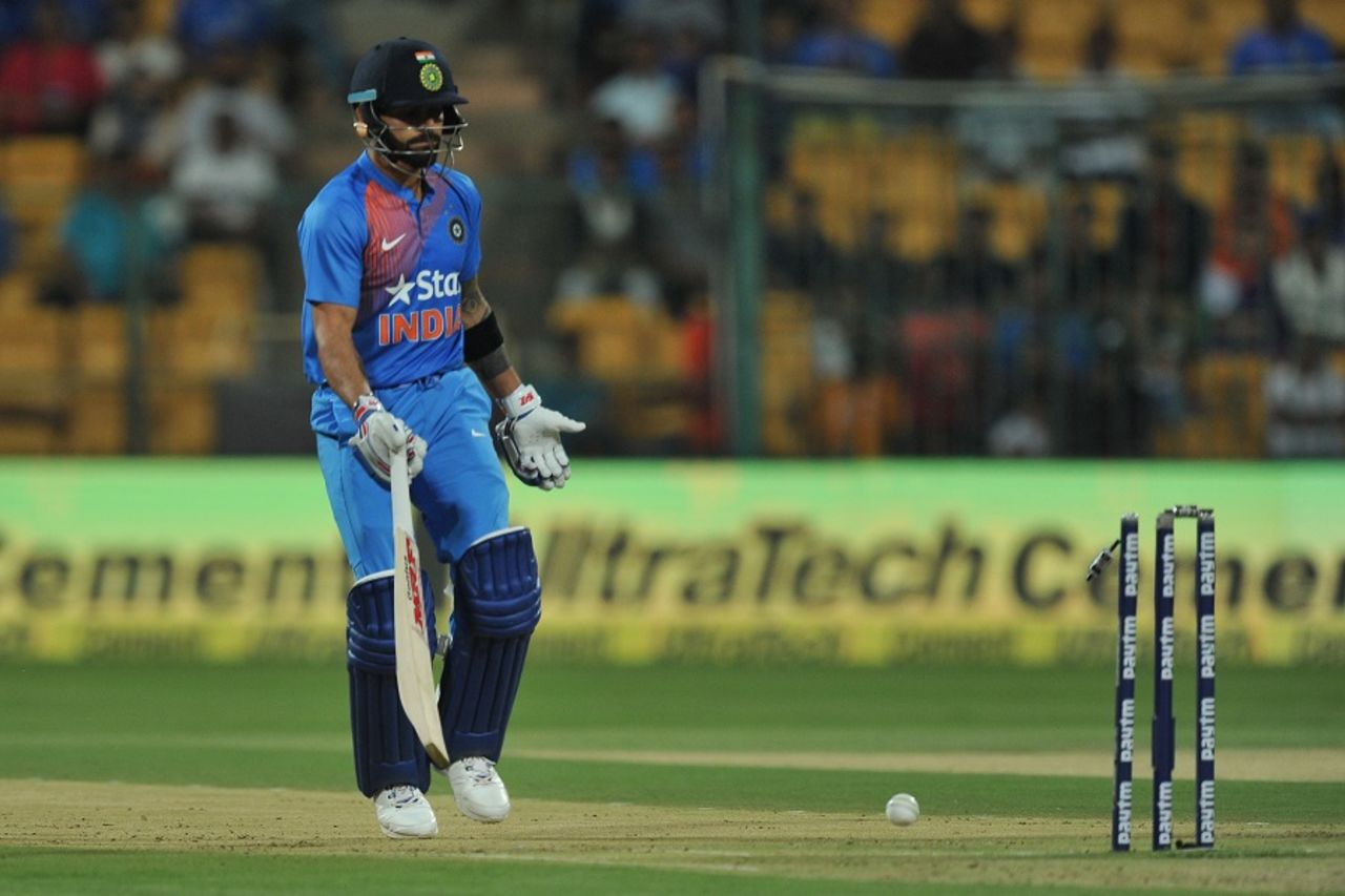 Virat Kohli looks on after being run out for 2, India v England, 3rd T20I, Bangalore, February 1, 2017