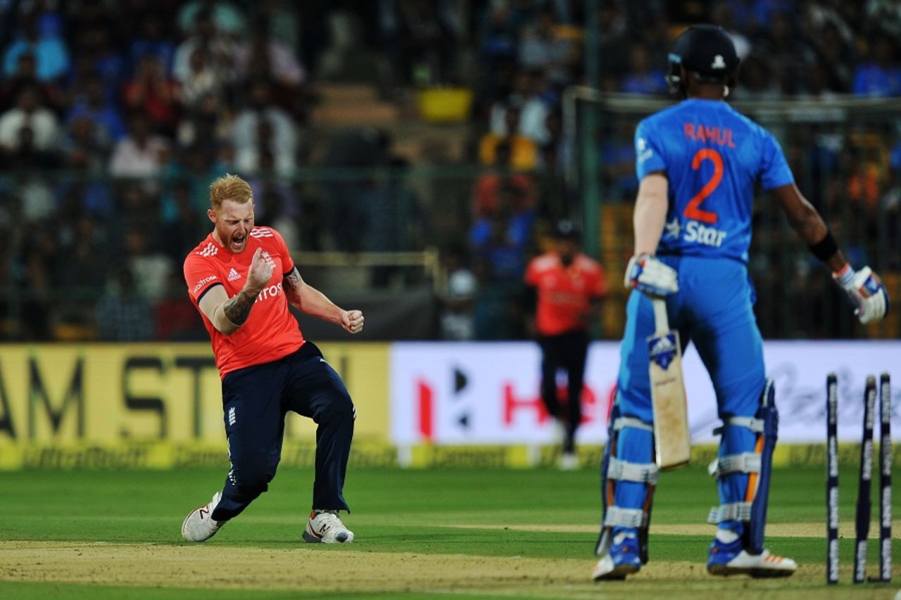 Ben Stokes reacts after dismissing KL Rahul, India v England, 3rd T20I, Bangalore, February 1, 2017
