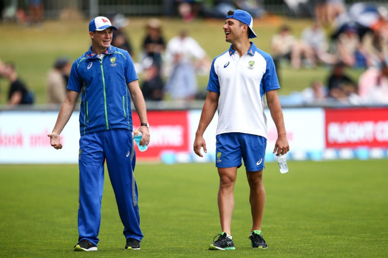 Peter Handscomb and Marcus Stoinis share a joke during the rain break, New Zealand v Australia, 2nd ODI, Napier, February 2, 2017 