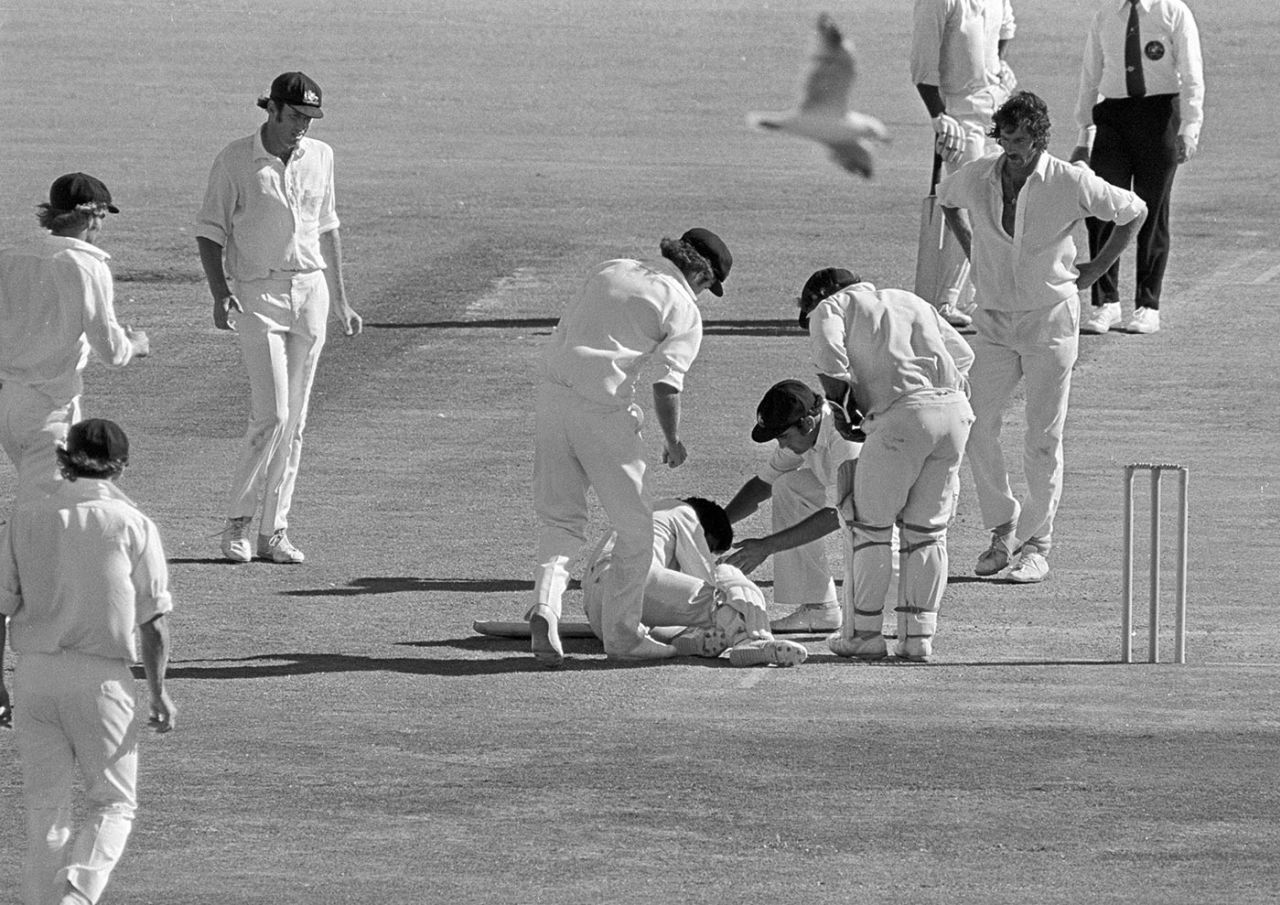 The Australian players check on Alvin Kallicharran after he was hit by a bouncer from Dennis Lillee, Australia v West Indies, second Test, day two, Perth, December 13, 1975