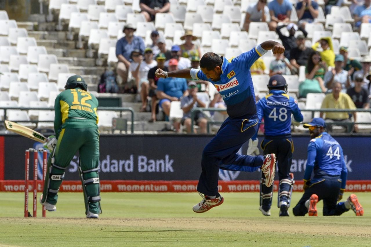 Sachith Pathirana was overjoyed with the wicket of Quinton de Kock, South Africa v Sri Lanka, 4th ODI, Cape Town, February 7, 2017