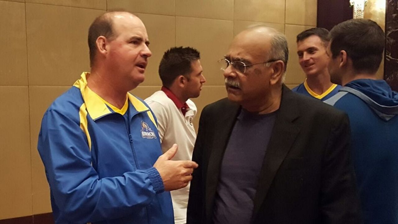Mickey Arthur in conversation with PSL chief Najam Sethi, Dubai, February 7, 2017