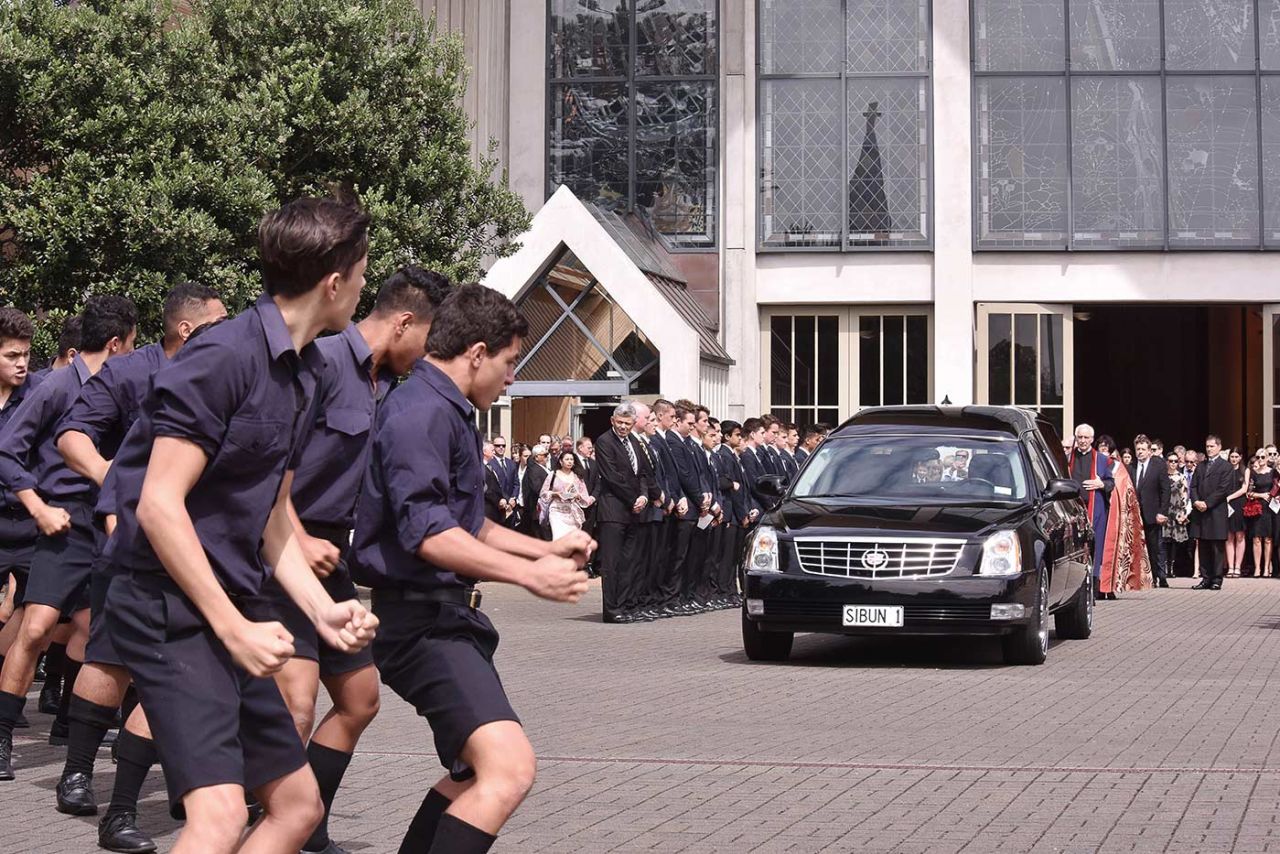 Students of Auckland Grammar school perform the haka at Martin Crowe's funeral, Parnell, Auckland, March 11, 2016