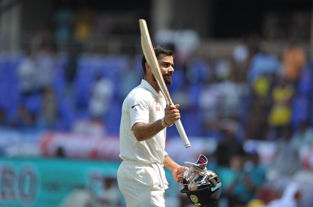Virat Kohli fell soon after reaching his fourth Test double-hundred, India v Bangladesh, only Test, 2nd day, Hyderabad, February 10, 2017