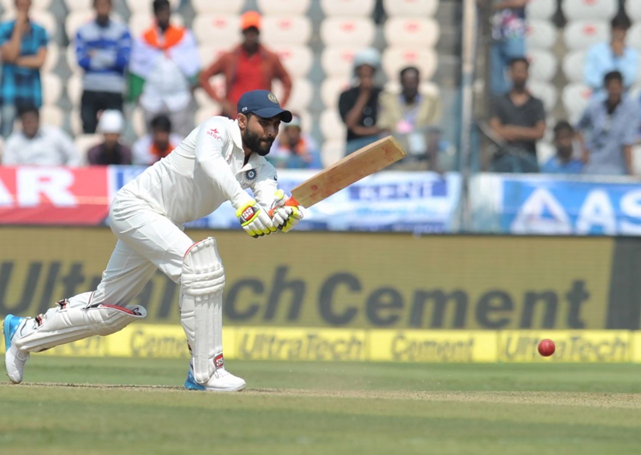 Ravindra Jadeja hit four fours and two sixes in an unbeaten knock of 60, India v Bangladesh, only Test, 2nd day, Hyderabad, February 10, 2017