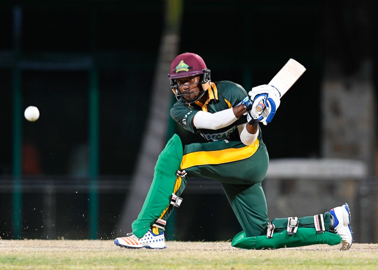Kavem Hodge sweeps during his 68, Kent v Windward Islands, Regional Super50, Group A, Coolidge, February 10, 2017