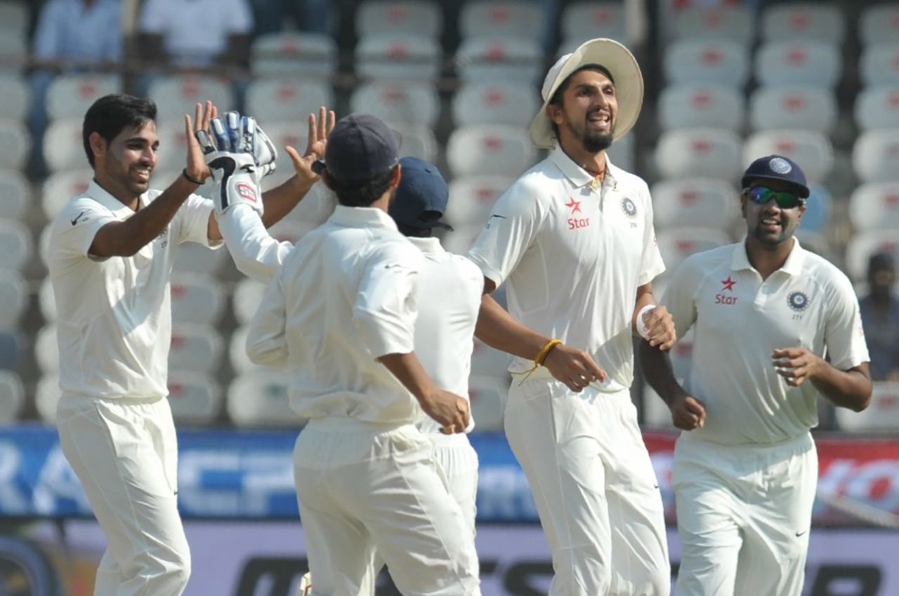 India's players celebrate the run-out of Tamim Iqbal, India v Bangladesh, one-off Test, 3rd day, Hyderabad, February 11, 2017
