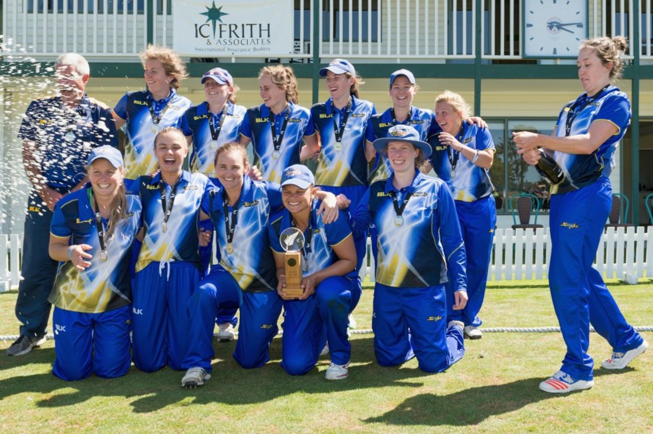 Champagne moment: The Otago Sparks celebrate after winning the Women's T20 final, Canterbury Magicians v Otago Sparks, February 11, 2017, Women's Twenty20, Rangiora