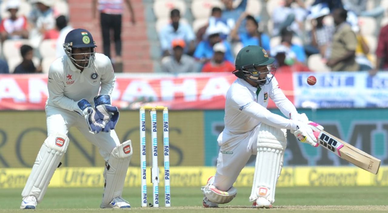 Mushfiqur Rahim attempts a deft sweep, India v Bangladesh, one-off Test, 3rd day, Hyderabad, February 11, 2017