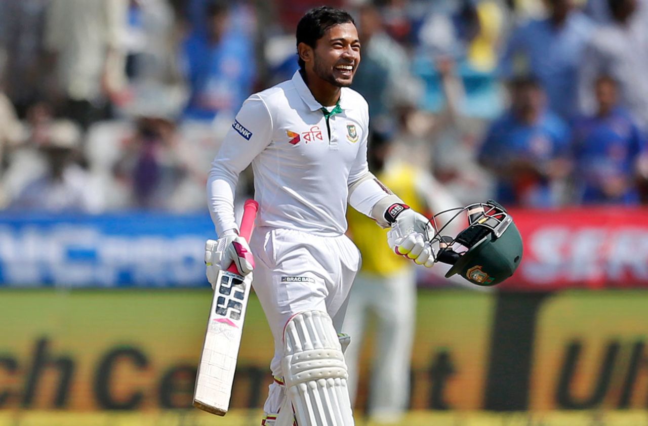 Mushfiqur Rahim grins after completing his hundred, India v Bangladesh, one-off Test, Hyderabad, 4th day, February 12, 2017