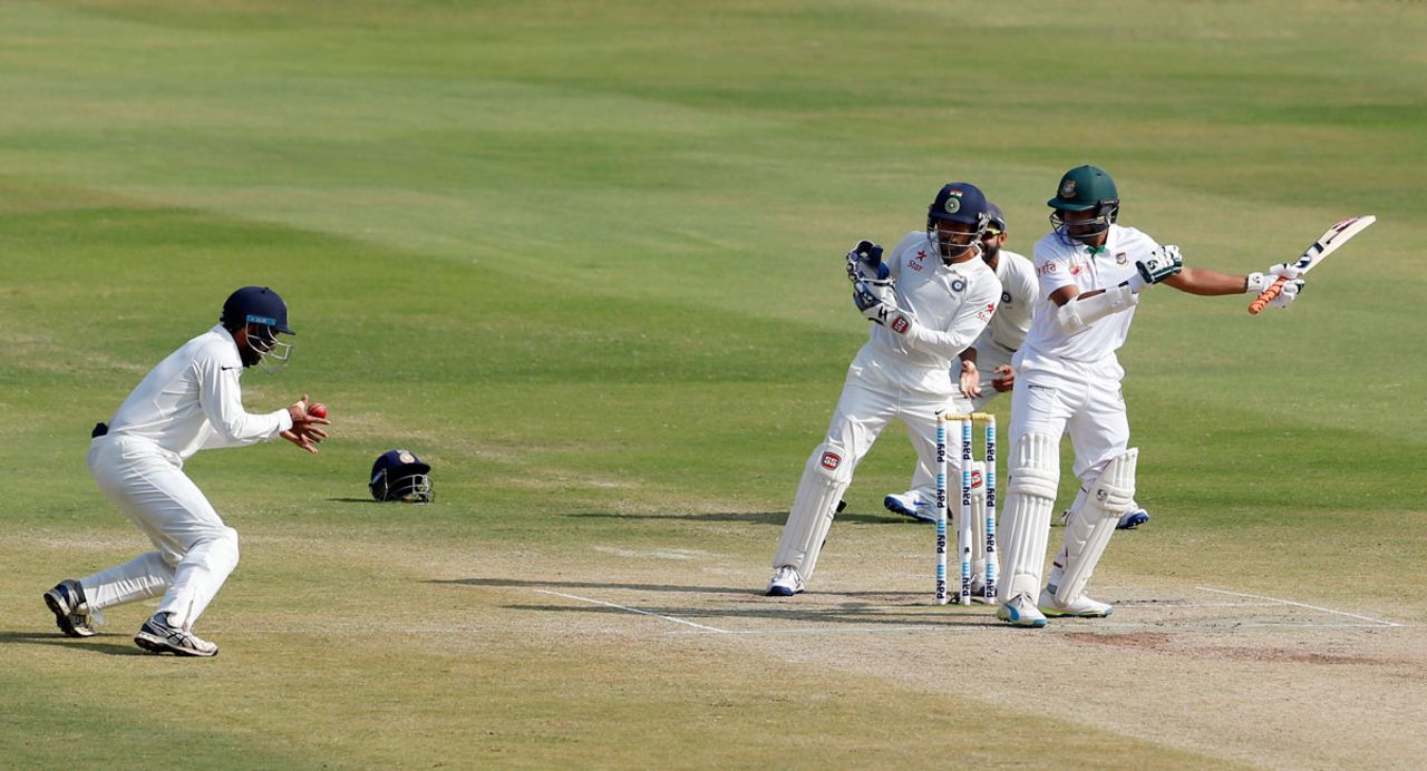 Shakib Al Hasan watches as Cheteshwar Pujara takes a catch to dismiss him, India v Bangladesh, one-off Test, Hyderabad, 5th day, February 13, 2017