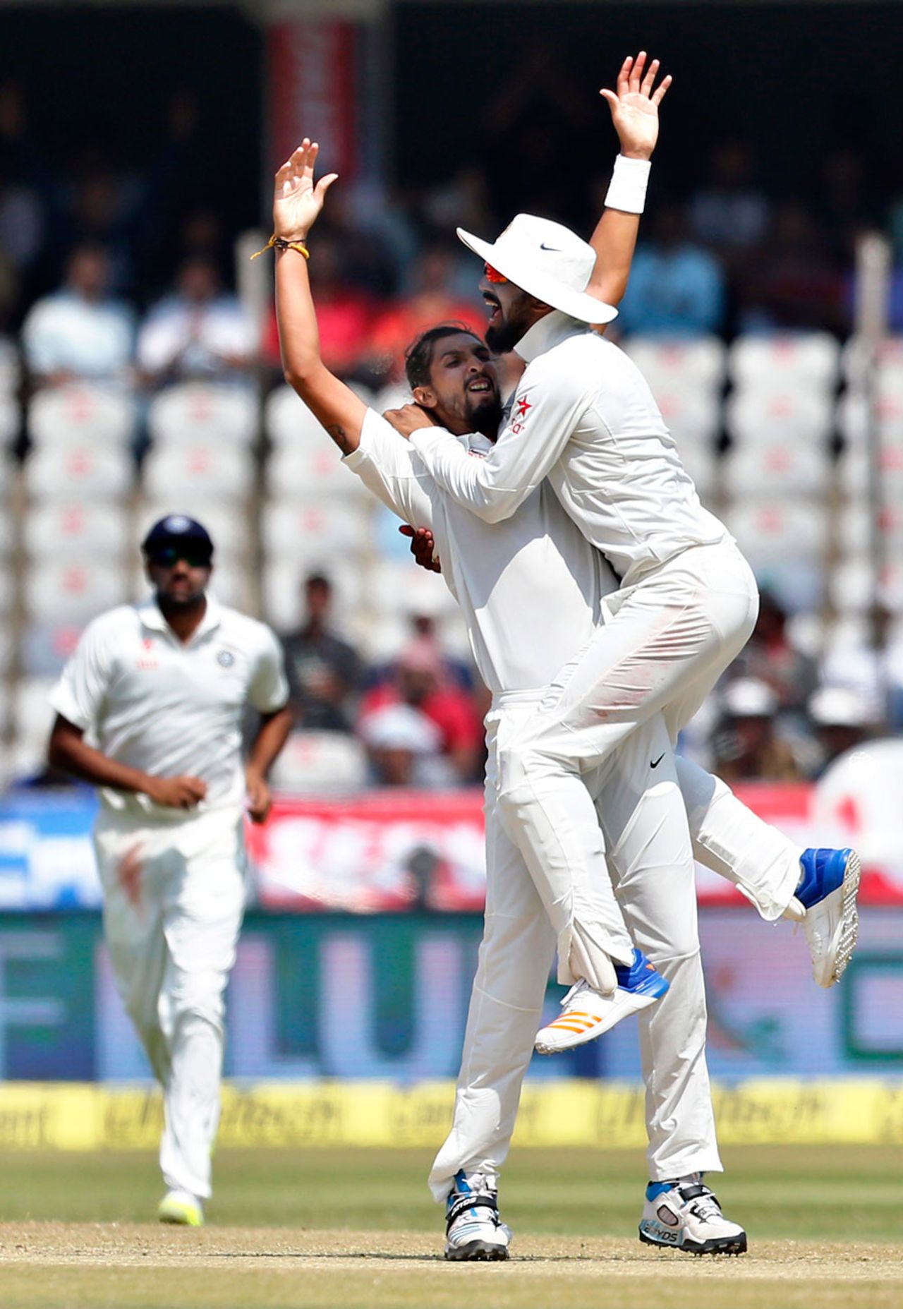 KL Rahul leaps on Ishant Sharma after he took out Mahmudullah, India v Bangladesh, one-off Test, Hyderabad, 5th day, February 13, 2017