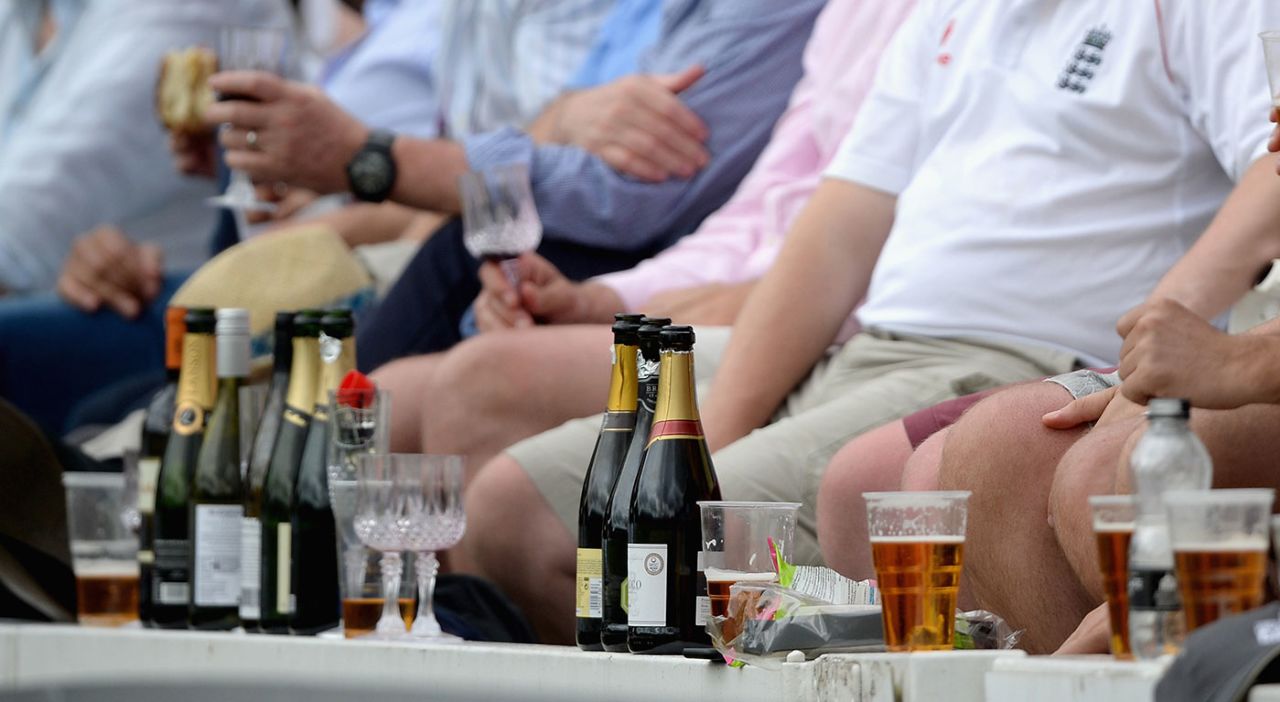 Empty bottles and beer glasses lined up in a row, England v Australia, 2nd Test, Lord's, July 17, 2015