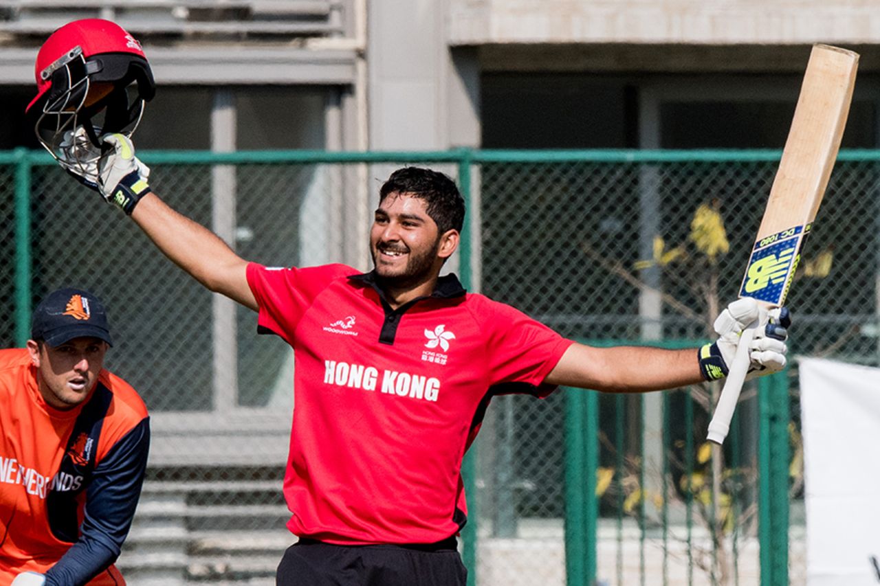 Anshuman Rath is jubilant after scoring his maiden List A century, Hong Kong v Netherlands, WCL Championship, Mong Kok, February 16, 2017