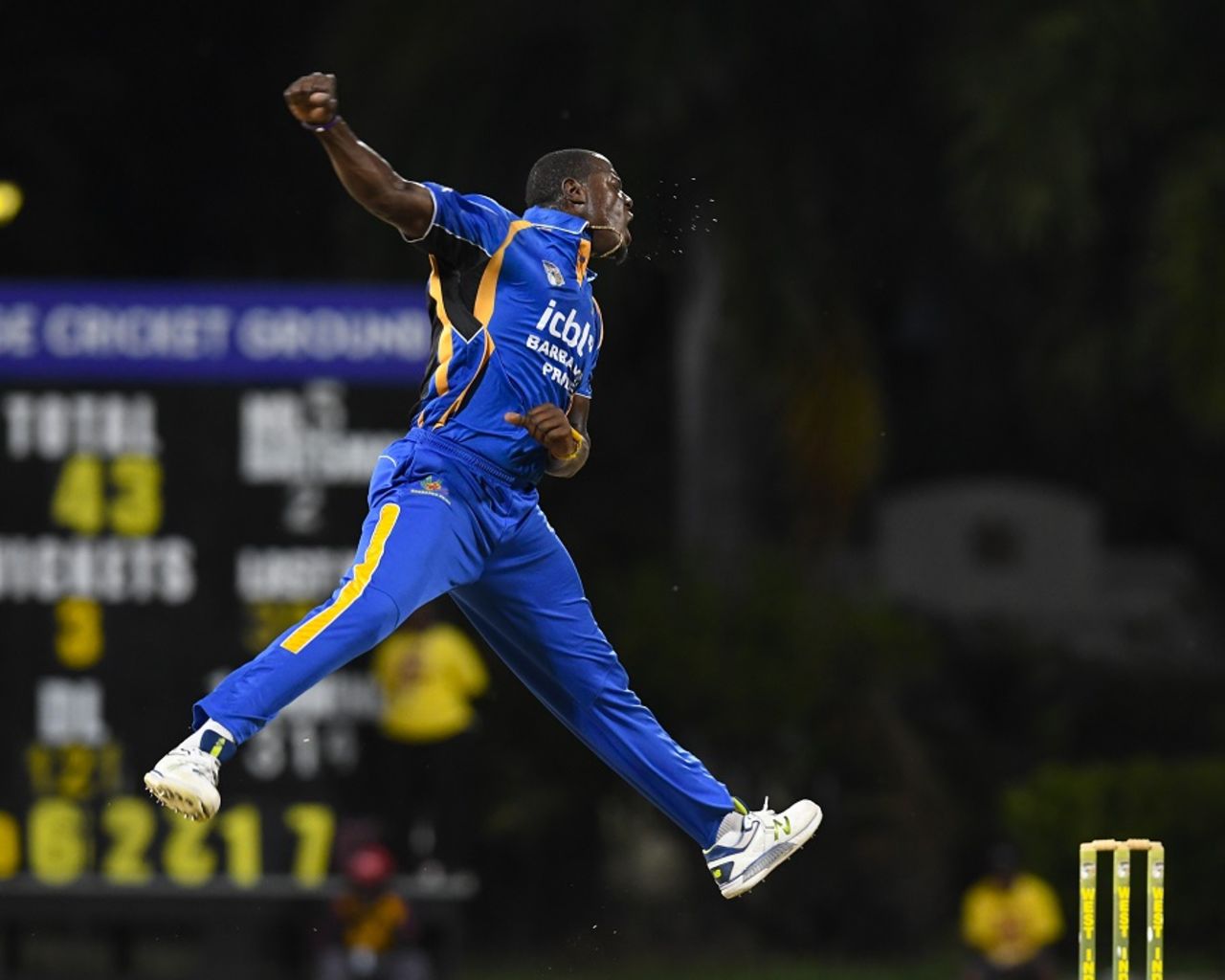 Carlos Brathwaite celebrates after taking a wicket, Barbados v Leeward Islands, semi final, WICB Regional Super50, Antigua, February 16, 2017