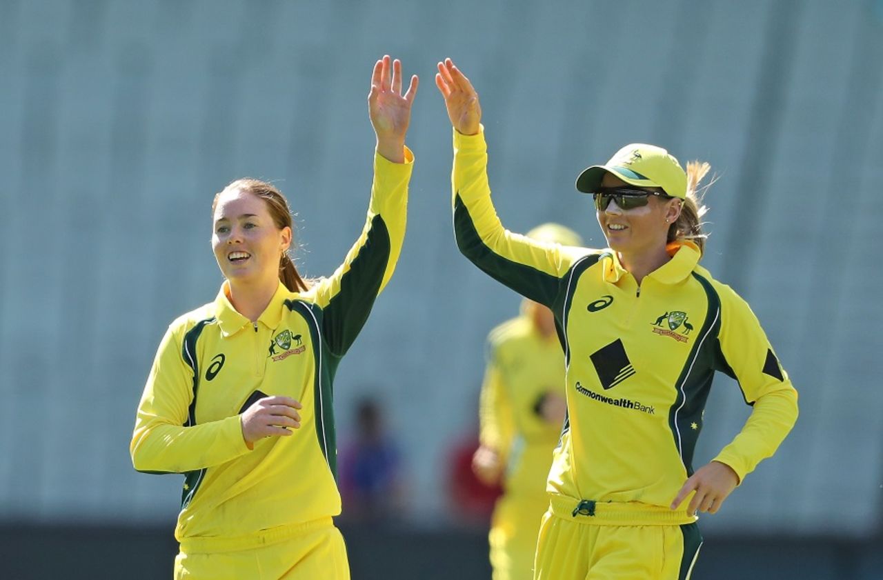 Amanda-Jade Wellington celebrates with Meg Lanning after taking three wickets, Australia Women v New Zealand Women, 1st T20I, Melbourne, February 17, 2017