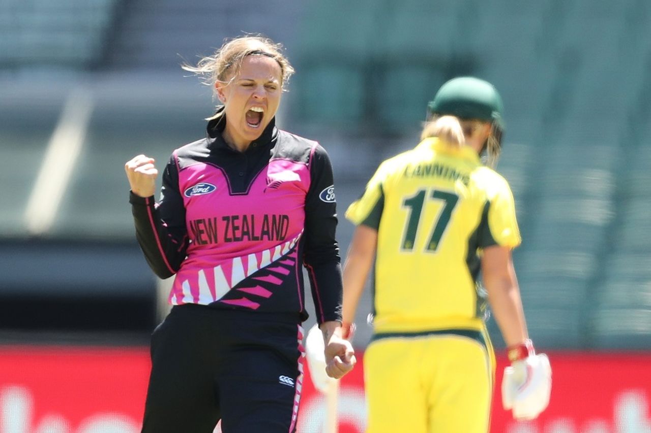 Lea Tahuhu reacts after taking a wicket, Australia Women v New Zealand Women, 1st T20I, Melbourne, February 17, 2017