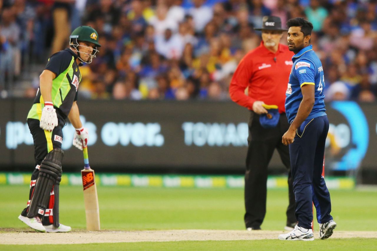Seekkuge Prasanna glares at the batsman between deliveries, Australia v Sri Lanka, 1st T20I, Melbourne, February 17, 2017