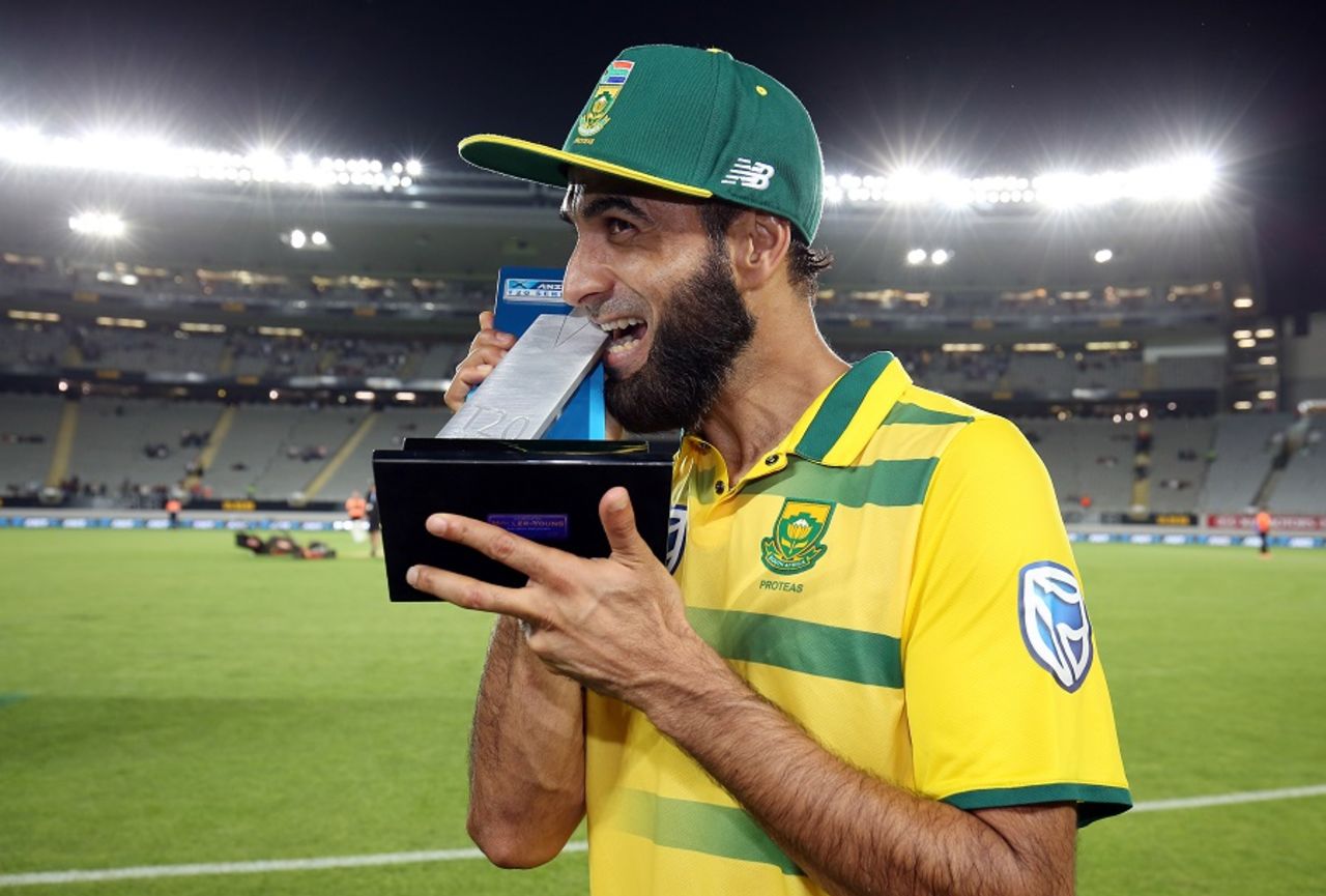 Imran Tahir was declared the Player of the Match for his five-wicket haul, New Zealand v South Africa, one-off T20I, Auckland, February 17, 2017