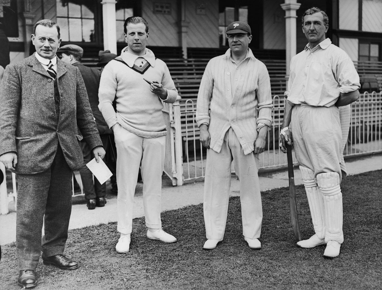 Lionel Tennyson (second from left) and CB Fry (fourth from left) at a match, May 1921