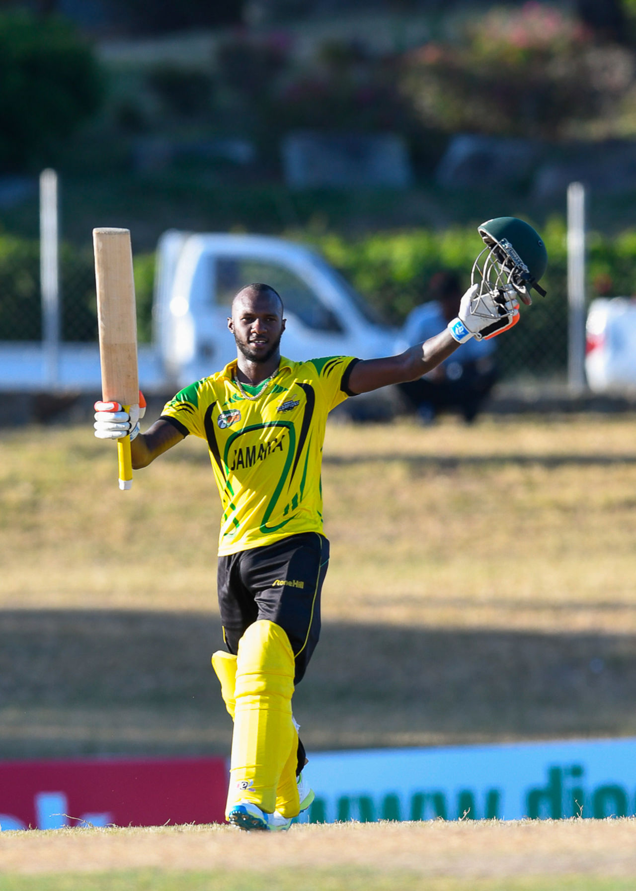 Jermaine Blackwood celebrates after reaching his maiden List A century, Jamaica v Trinidad & Tobago, WICB Regional Super50 2016-17, 1st semi-final, Antigua, February 15, 2017