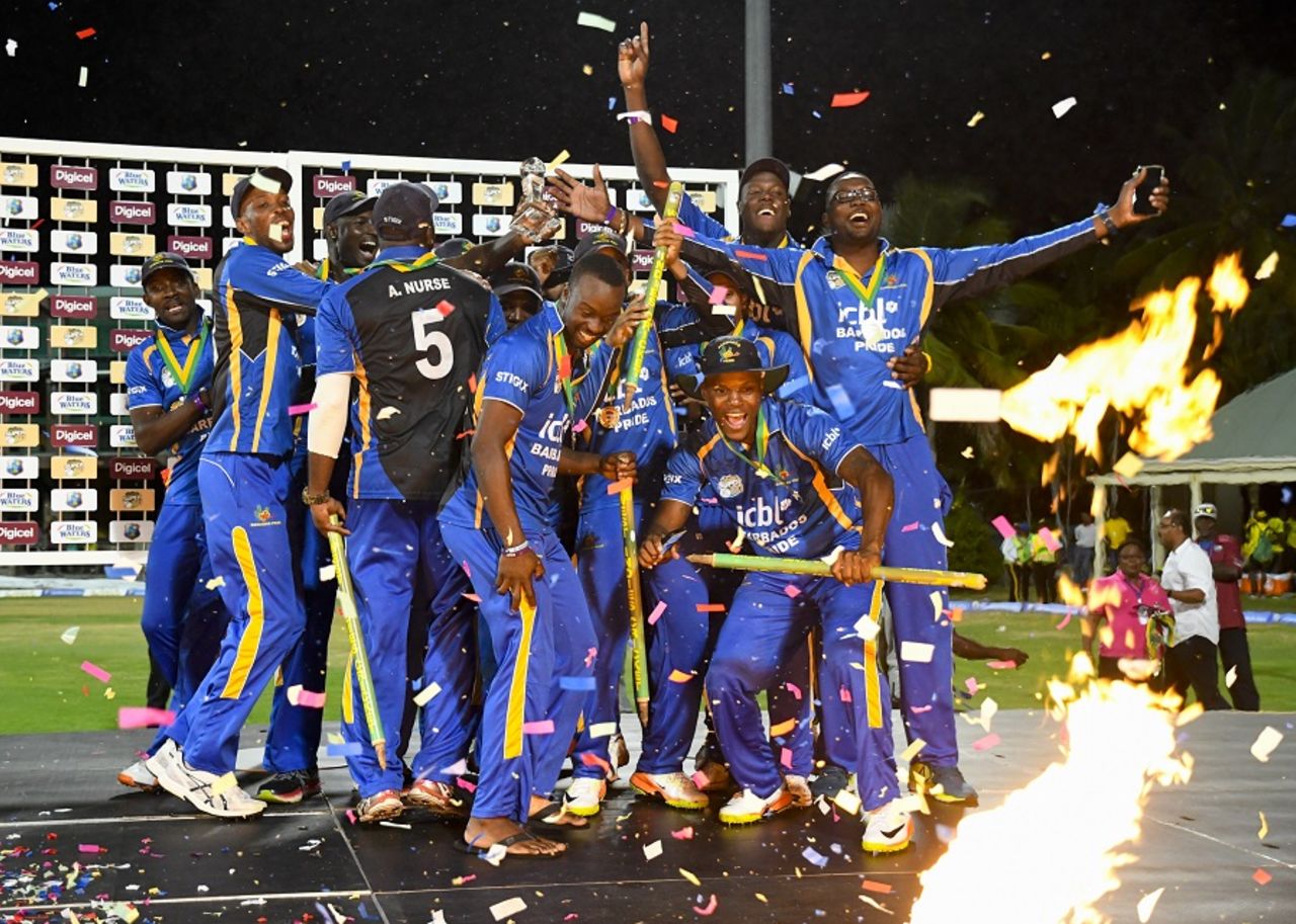The Barbados players celebrate their title-winning victory, Barbados v Jamaica, WICB Regional Super50 2016-17, Final, Antigua, February 15, 2017