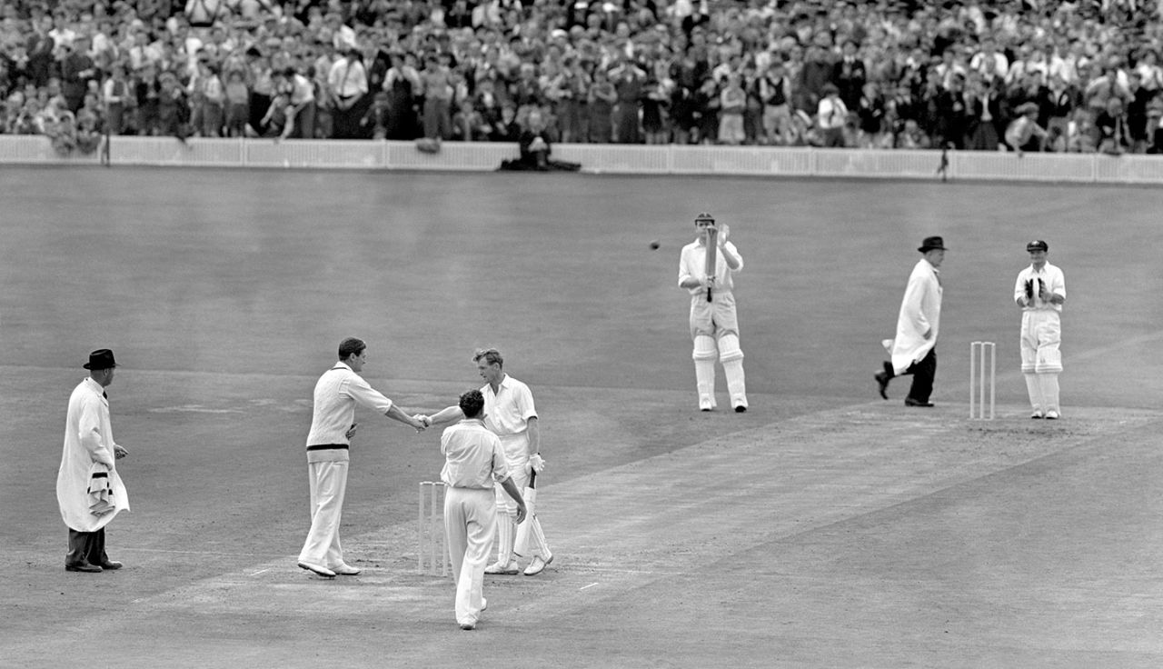 Keith Miller congratulates Peter Richardson on his century, England v Australia, 4th Test, Old Trafford, 1st day, July 26, 1956