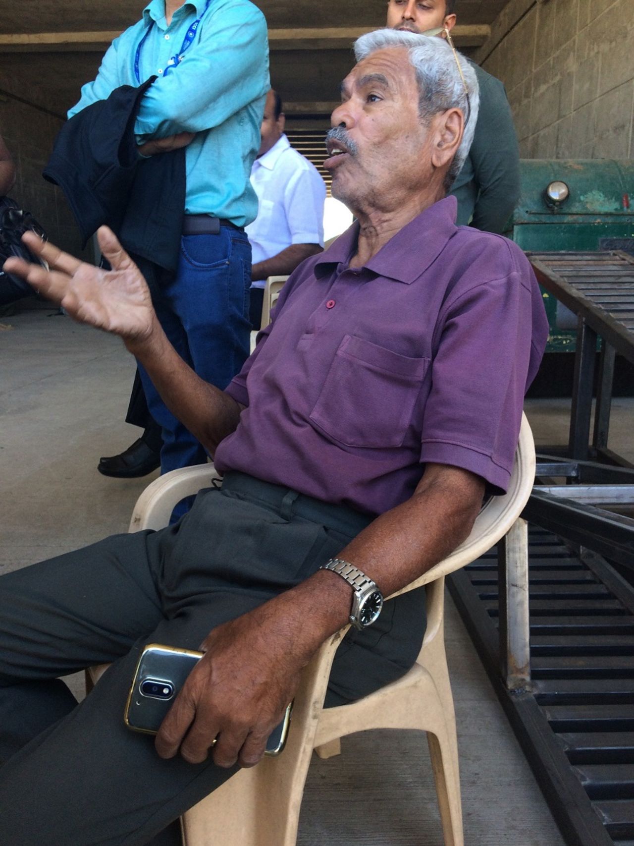 Pandurang Salgaoncar, the pitch curator at the Maharashtra cricket association stadium, speaks to reporters, Pune, February 21, 2017