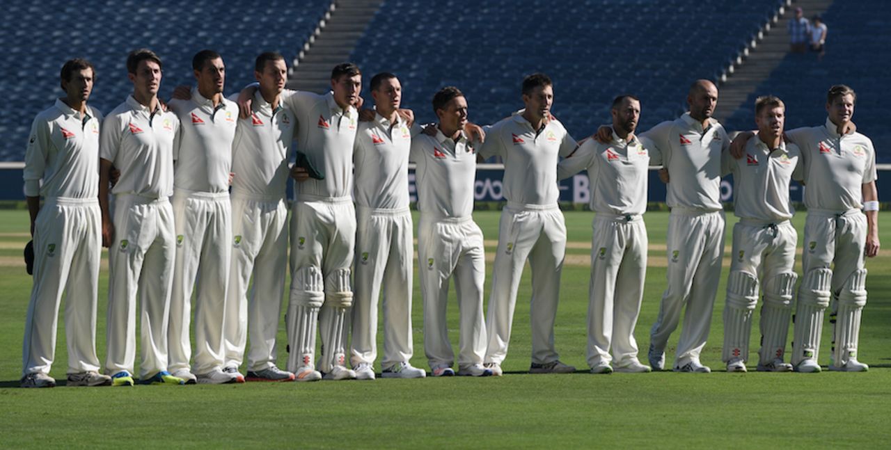 The Australian team during the national anthem, India v Australia, 1st Test, Pune, 1st day, February 23, 2017