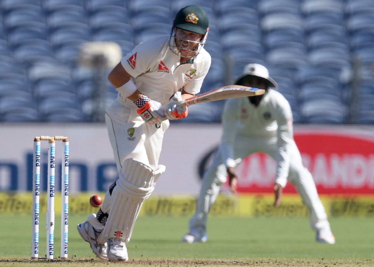 David Warner tucks the ball to leg side, India v Australia, 1st Test, Pune, 1st day, February 23, 2017