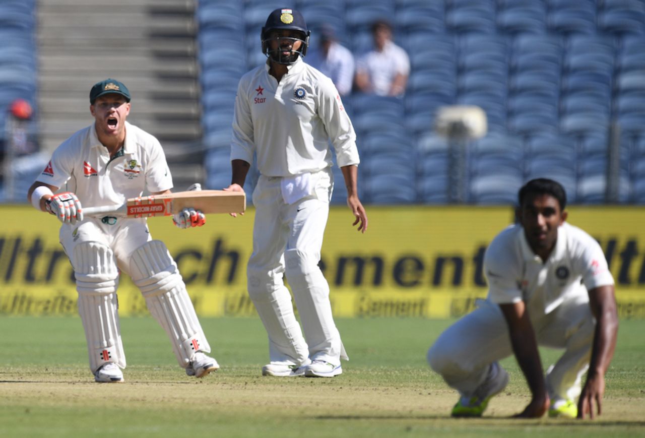 David Warner screams against a run, India v Australia, 1st Test, Pune, 1st day, February 23, 2017