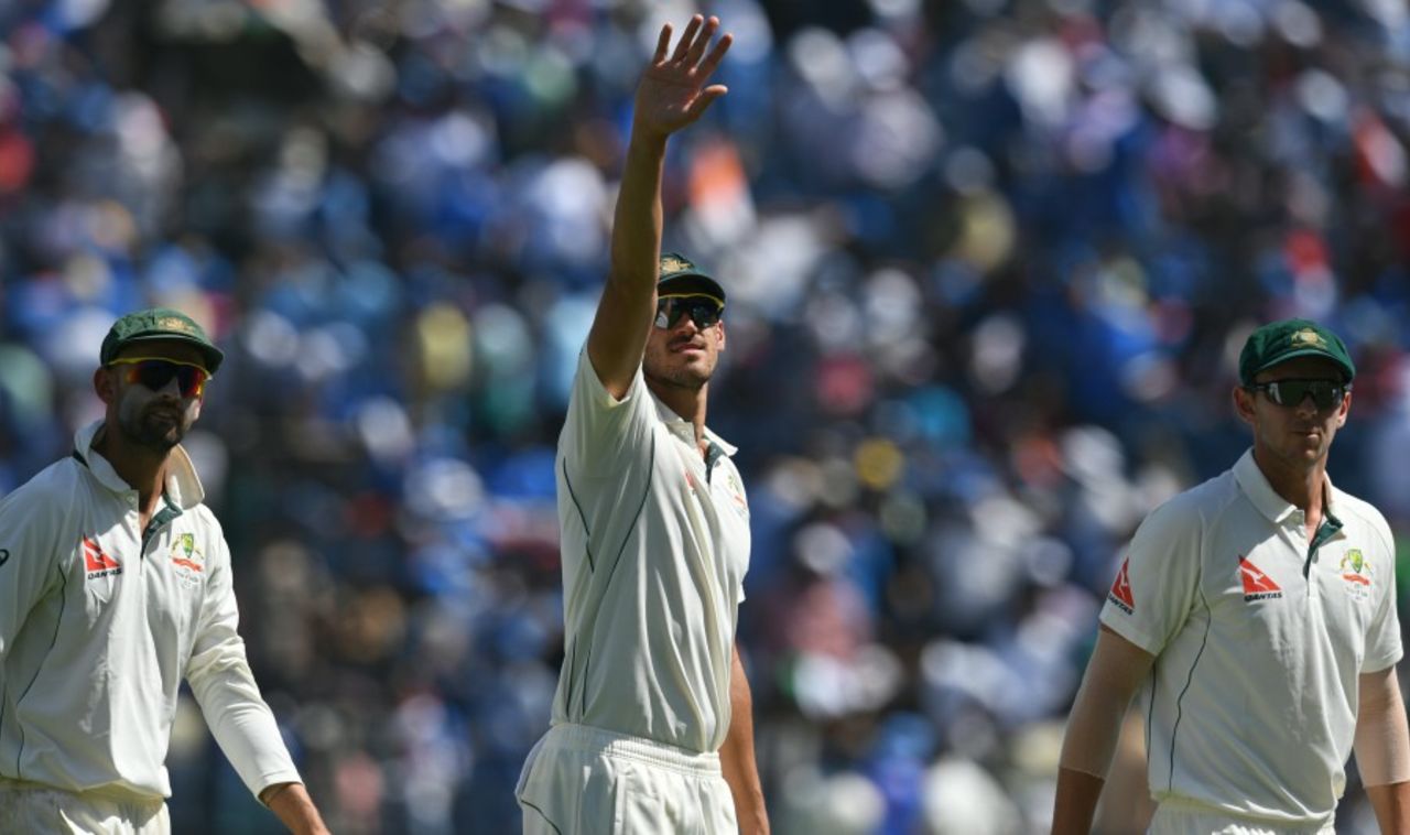 Mitchell Starc waves towards his family, India v Australia, 1st Test, Pune, 2nd day, February 24, 2017