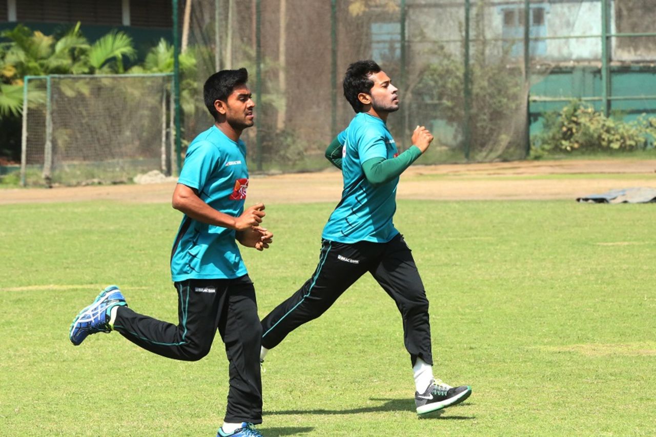 Mushfiqur Rahim and Mehedi Hasan warm up during Bangladesh's training session at the Shere Bangla National Stadium, Mirpur, February 24, 2017
