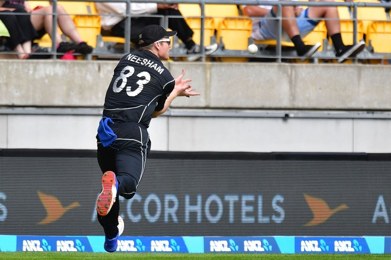 James Neesham took a catch in the deep to remove Quinton de Kock, New Zealand v South Africa, 3rd ODI, Wellington, February 25, 2017