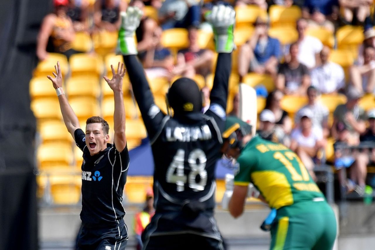 Mitchell Santner and Tom Latham appeal in unison, New Zealand v South Africa, 3rd ODI, Wellington, February 25, 2017