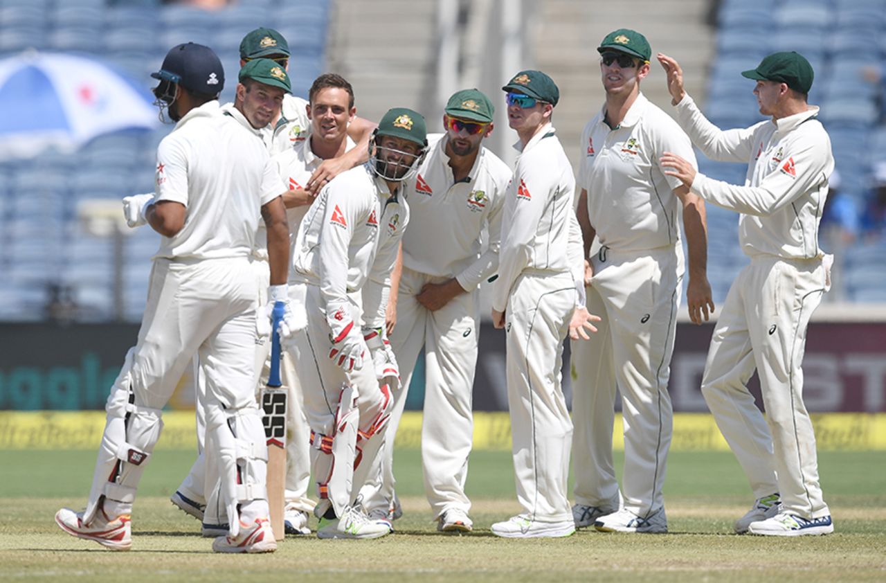 Australia wait on a review of M Vijay's lbw dismissal, India v Australia, 1st Test, Pune, 3rd day, February 25, 2017