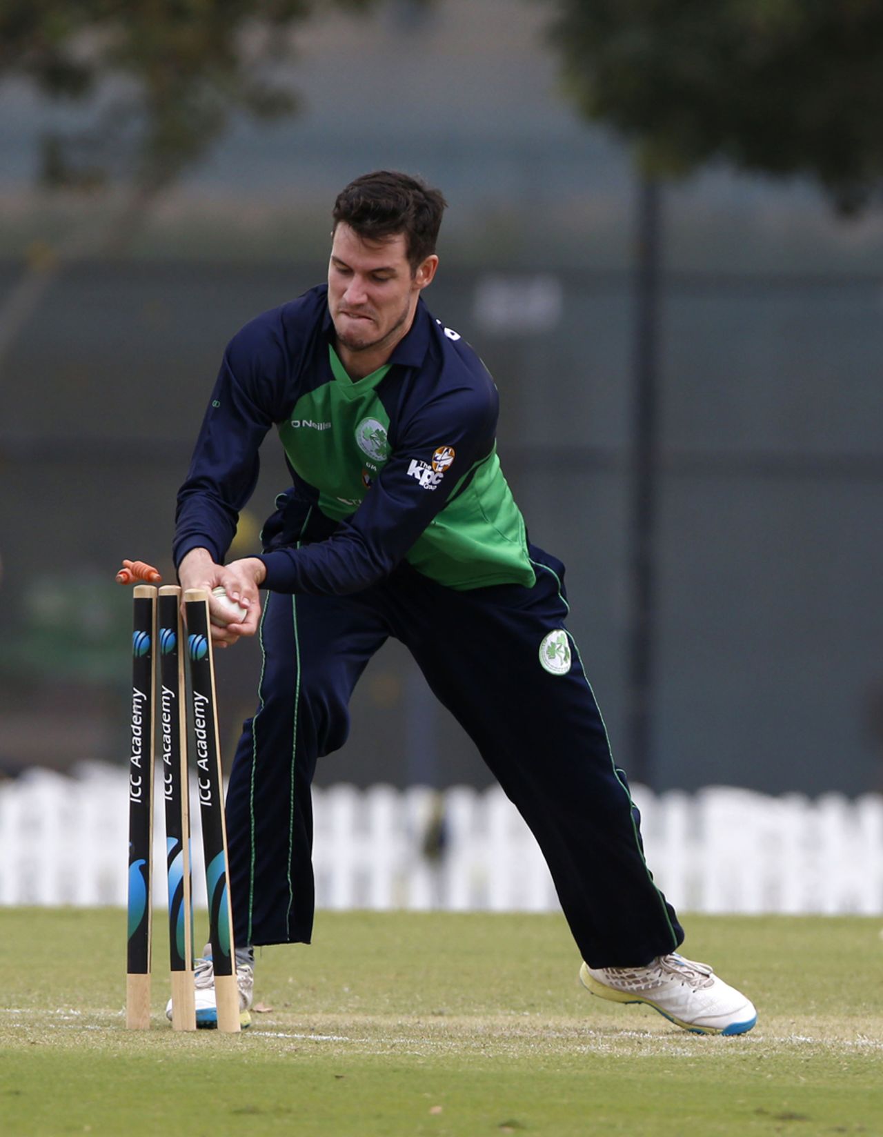 George Dockrell takes the bails off to run out Shaiman Anwar, Ireland v United Arab Emirates, 1st ODI, Dubai, March 2, 2017
