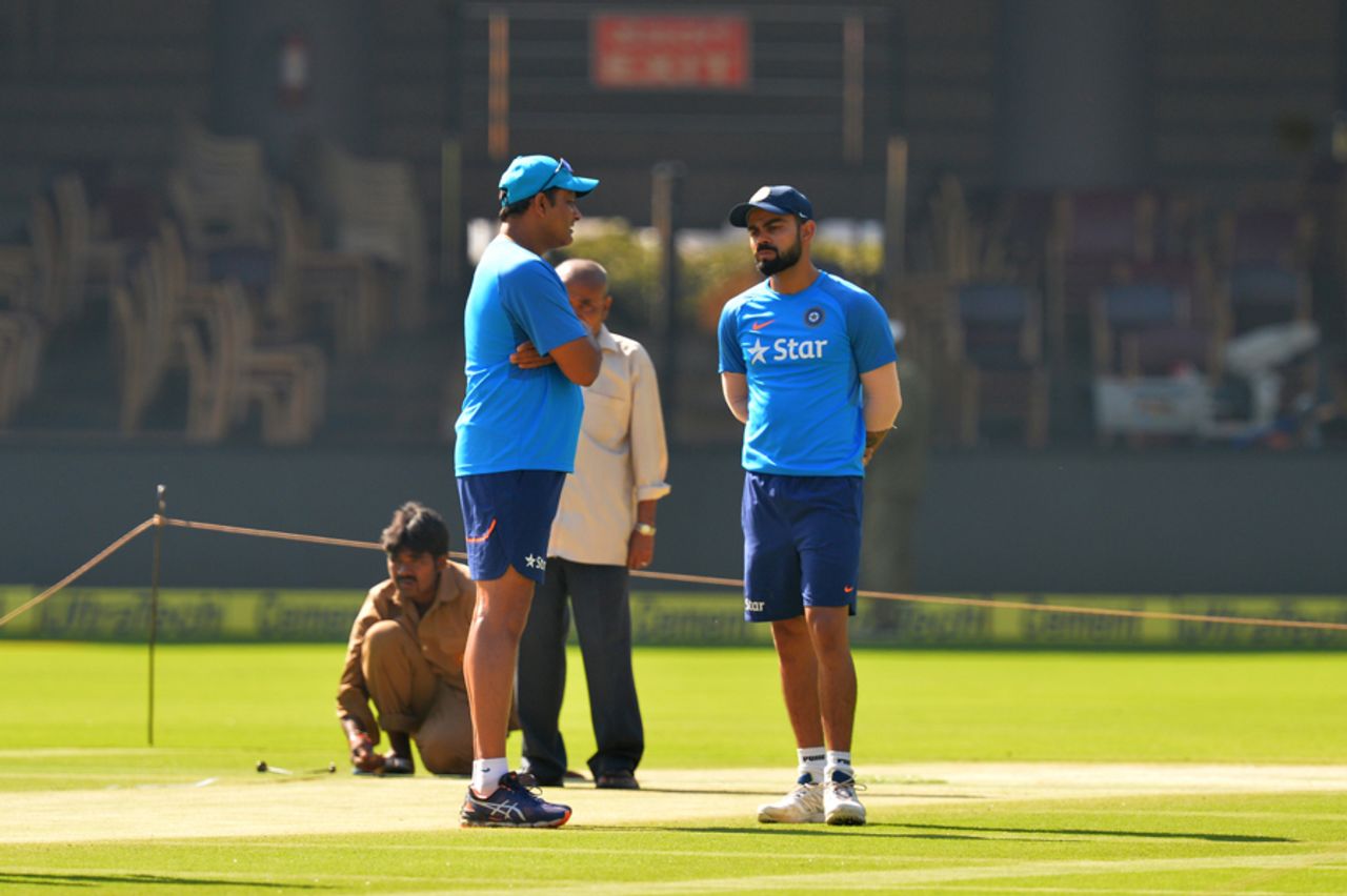 Anil Kumble and Virat Kohli engage in discussion at the practice session, India v Australia, 2nd Test, Bengaluru, March 3, 2017
