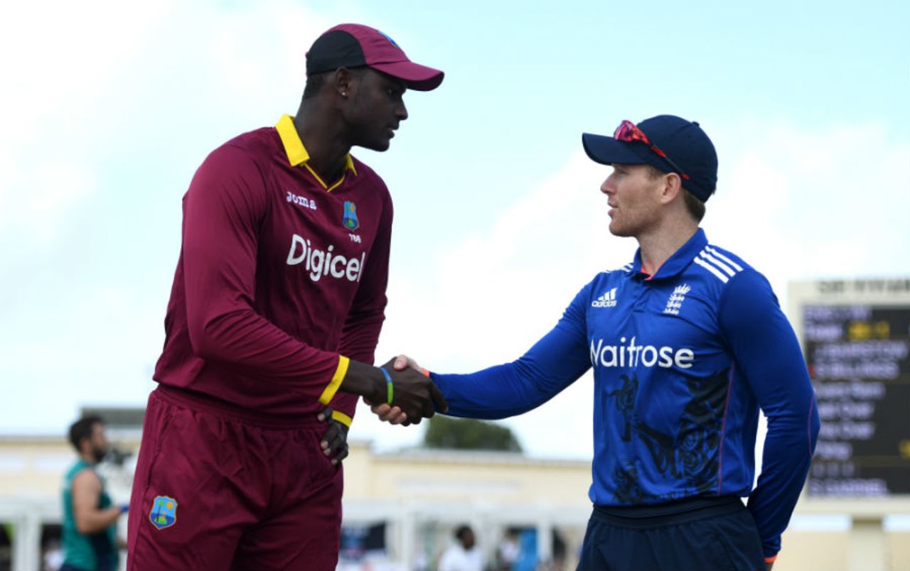 Jason Holder and Eoin Morgan shake hands at the toss, West Indies v England, Antigua, March 3, 2017