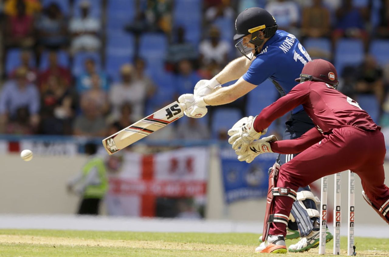 Eoin Morgan goes back to cut, West Indies v England, 1st ODI, Antigua, March 3, 2017